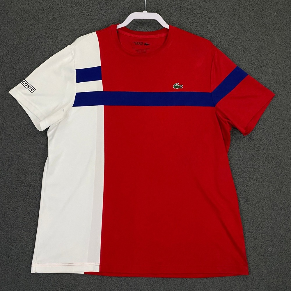 Lacoste Sport Shirt Mens 2XL Red Color Block Short Sleeve Stretch Performance